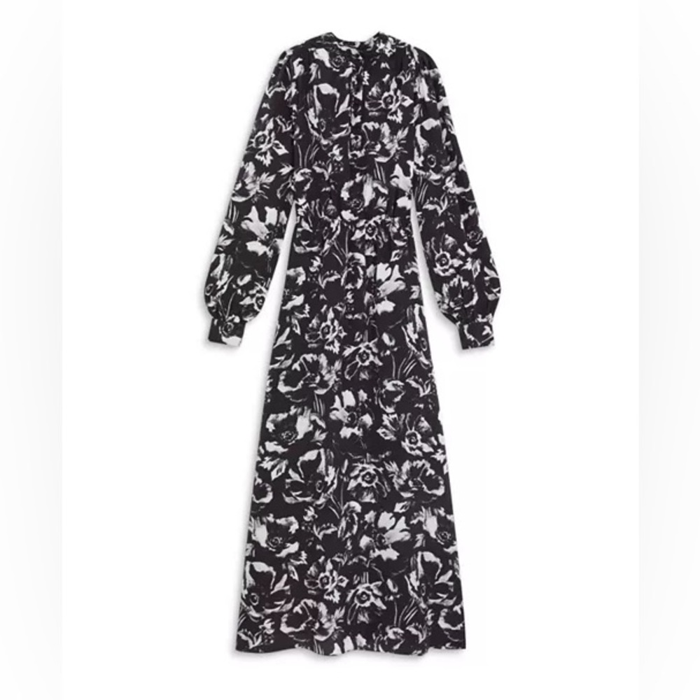 The Kooples Silk Floral Midi Dress Black White Boho Parisian Long Sleeve